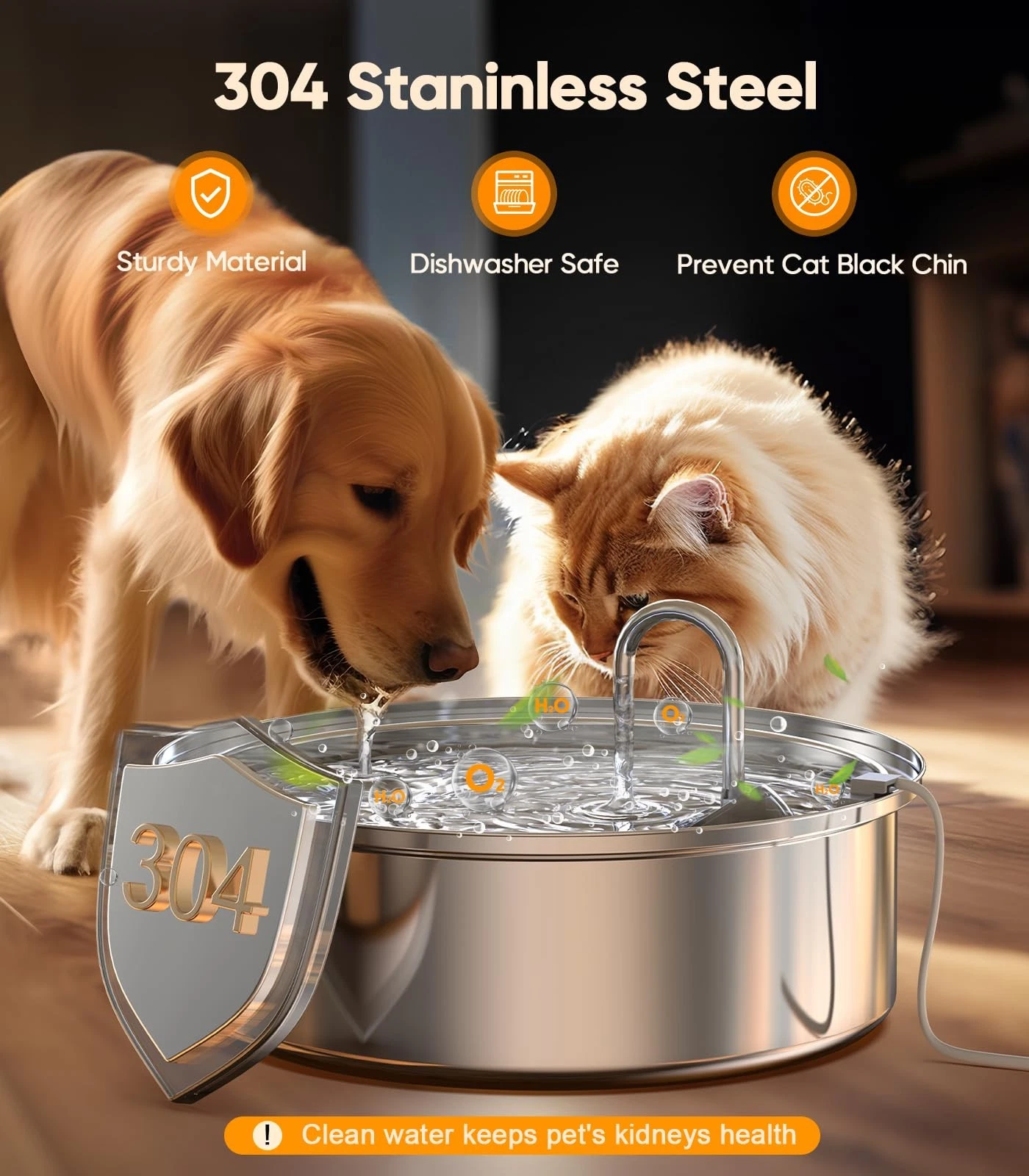304 Stainless Steel Pet Water Fountain for Cats and Dogs